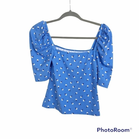 Socialite blue floral puff sleeve square neckline blouse size S - Picture 3 of 6